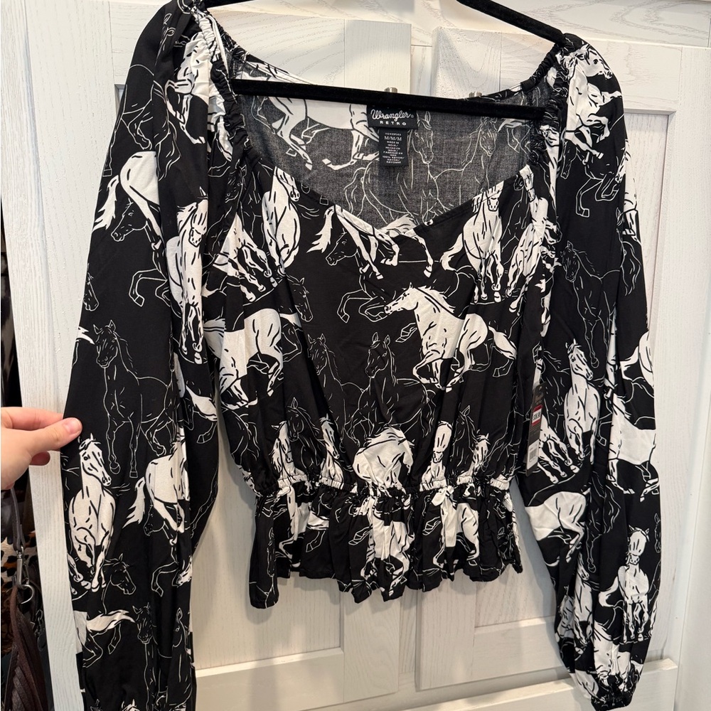 Wrangler Black and White Equestrian Print Blouse